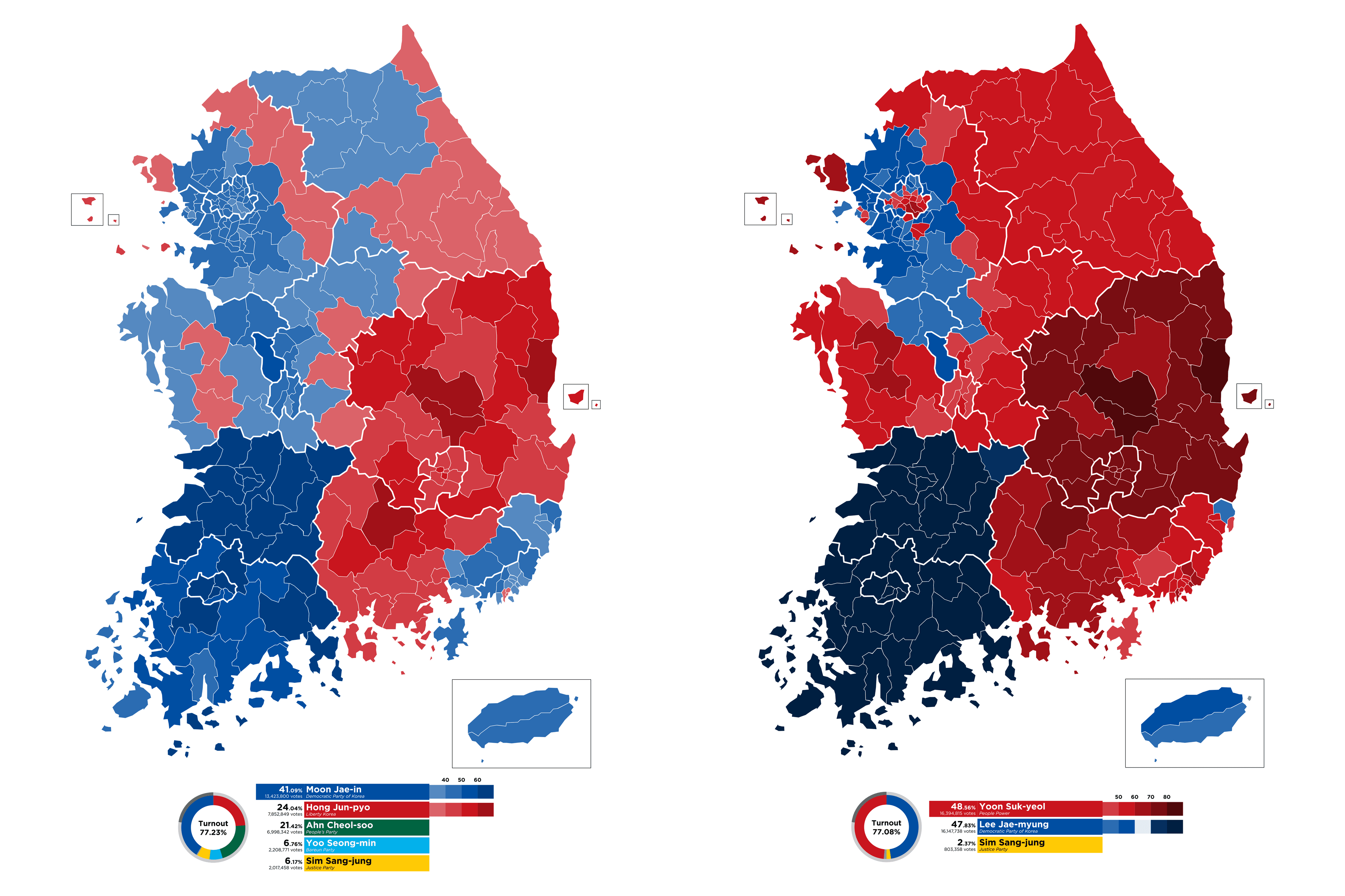 Comparison of the 2017 presidential election map (left) and the 2022 presidential election map (right). Photo by Wikimedia Commons.