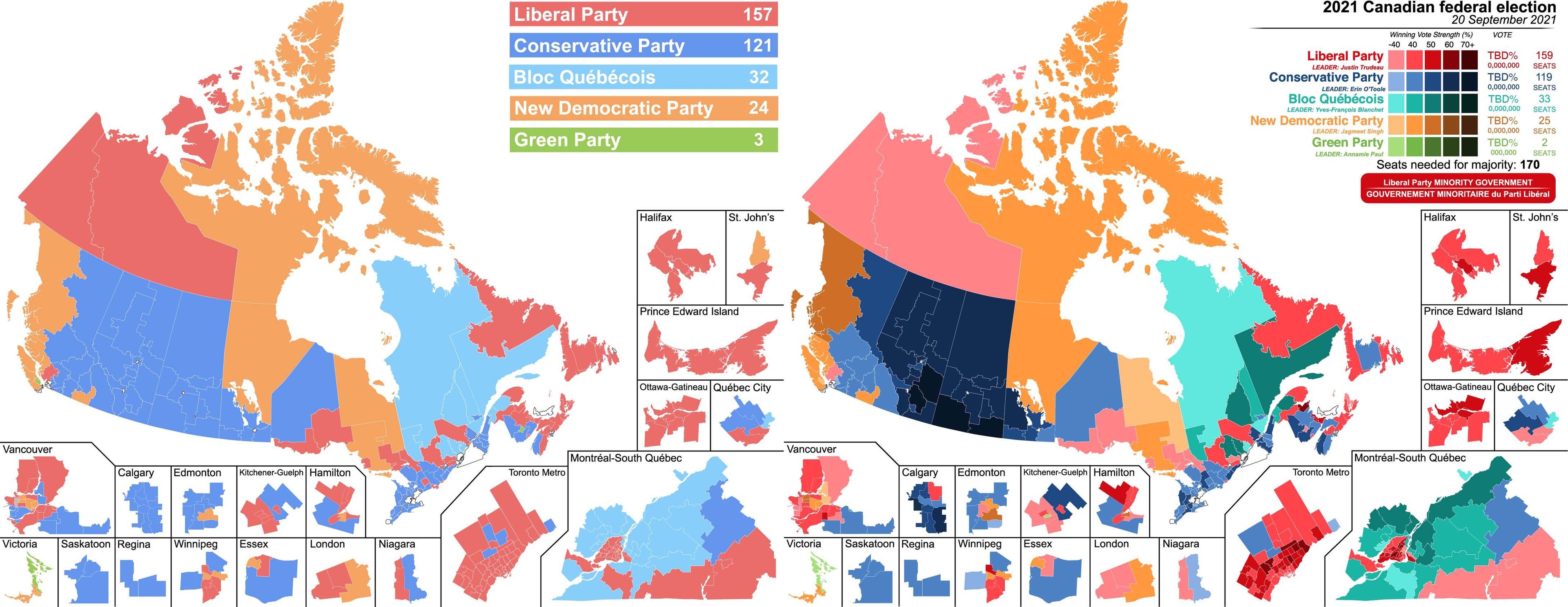 Comparison of the 2019 general election map (left) and the 2021 general election map (right). Photo by Wikimedia Commons. 